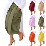 Women's Solid Color Elastic Waist Wide Leg Cropped Pants Trousers Slacks Casual Pleated Flowy Breathable Lounge Work Office Travel Essentials for Women | Aestivo,Yellow XL