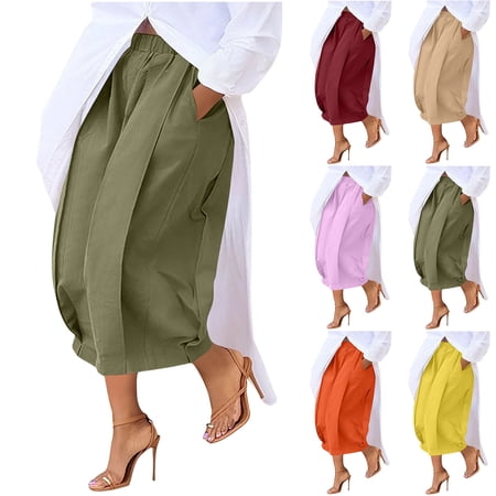 Women's Solid Color Elastic Waist Wide Leg Cropped Pants Trousers Slacks Casual Pleated Flowy Breathable Lounge Work Office Travel Essentials for Women | Aestivo,Yellow XL