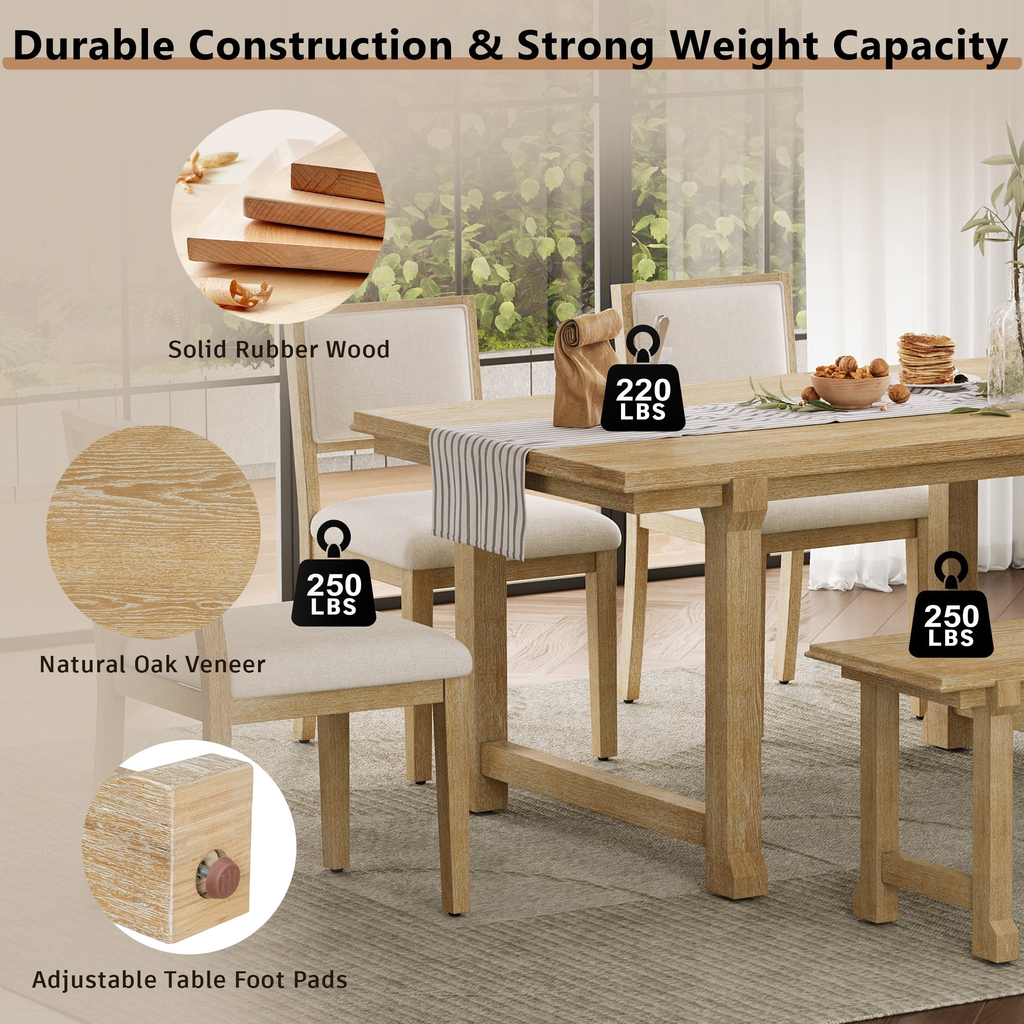 Euroco 6-Piece Farmhouse Dining Table Set for 6, 59.8" Space Saving Kitchen Table & Chairs Set with Wood Frame,Ideal for Kitchen & Dining Room, Restaurant,Natural