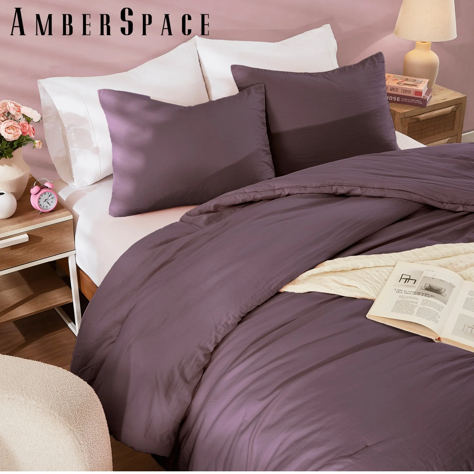 Amberspace Prewashed fabric 3-piece Bed in a Bag Comforter Set with Sheets,Deep Purple,King
