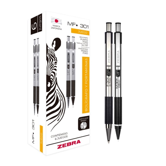Zebra Juego Bolígrafo y Portaminas Retráctiles MF-301 Caja con 6 Piezas Color negro