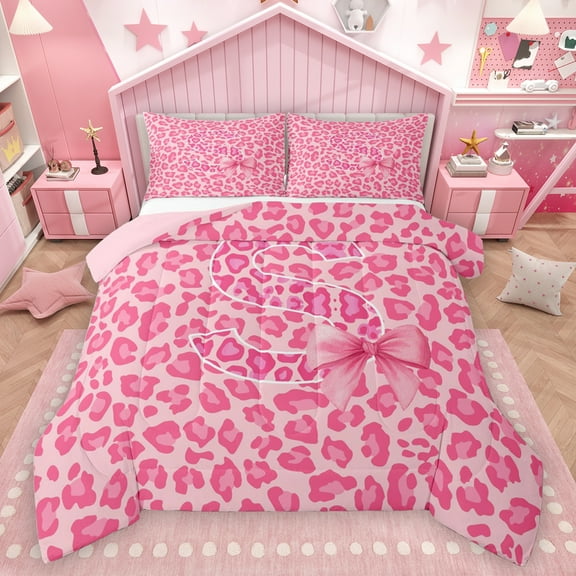 Homewish Kawaii Initial S Letter Bedding Comforter Set, Leopard Cheetah Print Twin Comforter Sets, Teens Kids Girls Women Reversible Bedding Set, Ultra Soft Bedroom Decor, 2pcs