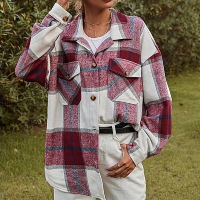 Pntutb Moda Mujer Bolsillos casuales Impreso Manga larga tops Chaqueta Abrigo a cuadros Pntutb Pntutb-2119