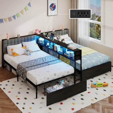 DRNANLIT 2-in-1 Twin Bed Frame with Storage Bookcase Divider, Charging Station and LED Lights, Double Twin Bed with 2 Large Drawers and Headboard Storage, Metal Platform Bed for Shared Bedroom