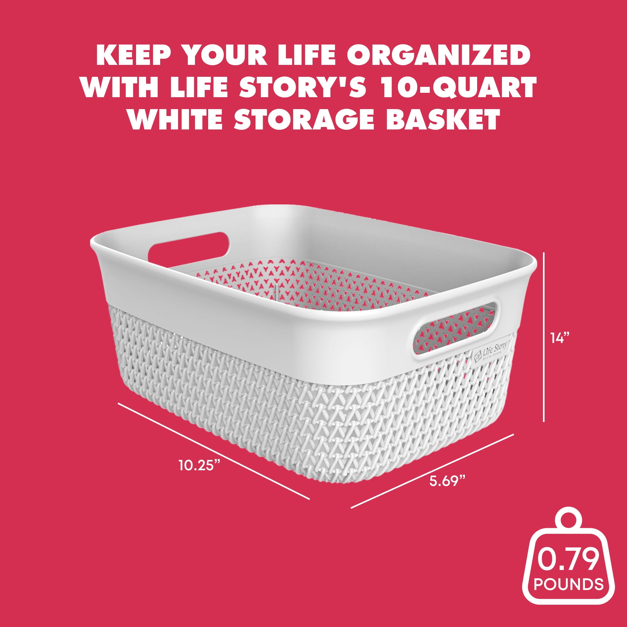 Life Story 10 Quart Decorative Storage Basket, Medium Plastic Home Organizer, White