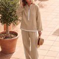 thumbnail image 5 of Szluipve Linen Sets for Women 2 Piece Half Zip Stand Collar 2 Piece Outfits Long Sleeve Contrast Piping Top & High Waist Wide Leg Pants Casual Linen‑Look Matching Set with Pockets Khaki XL, 5 of 5