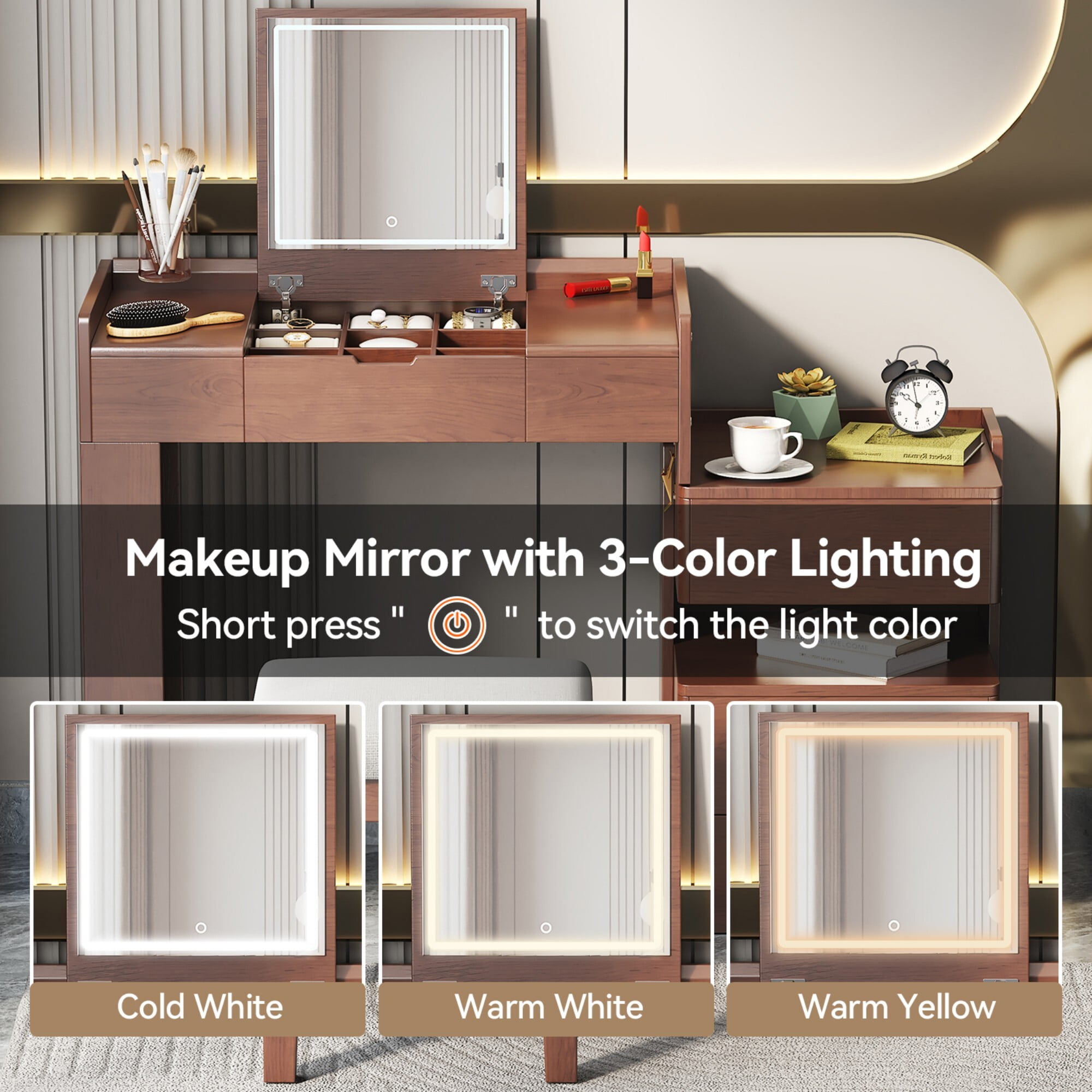 AENKYO Makeup Vanity Desk with LED Lights, Flip Mirror & Stool, 3-in-1 Dressing Table with Adjustable Cabinet, Walnut