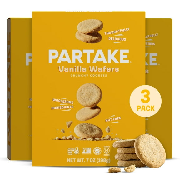 Partake Foods Gluten Free Vanilla Wafers Cookies - Vegan - Free From the Top 9 Allergens Including Dairy, Wheat, Soy, Eggs, & Peanuts - Non GMO - Safe School & Office Snack (3 Pack, 7oz Boxes)