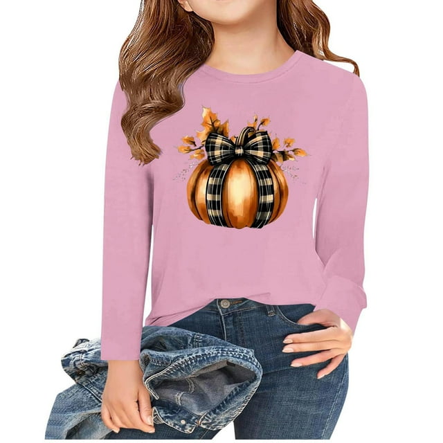 Birdeem Chemise de l'Action de Grâce pour Filles, Manches Longues pour Enfants, Col Rond Mignon, Blouse Décontractée, Col Rond, Vêtements pour Enfants