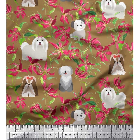 Soimoi Poly Georgette Fabric Floral,Sheepdog & Yorkshire Terrier Dog Fabric Prints by Yard 42 Inch Wide