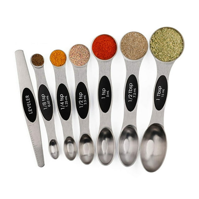 Magnetic Measuring Spoons Set of 7 - Stainless Steel Double-Ended Spoons with Measurement Marks for Dry & Liquid Ingredients, Colorful Magnetic Handles, Flat Bottom Design, Includes Scraper