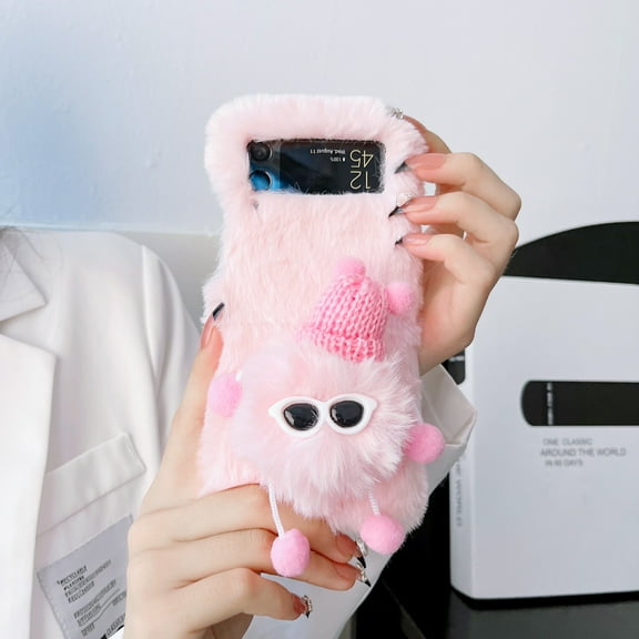 Nalacover Furry Plush Case for Samsung Galaxy Z Flip3, Shining Sparkle Rhinestones Cute Cartoon Briquette Fluffy Thin Cover with Warm Cold Weather Glitter Diamond Lens Frame Protection Case,Pink