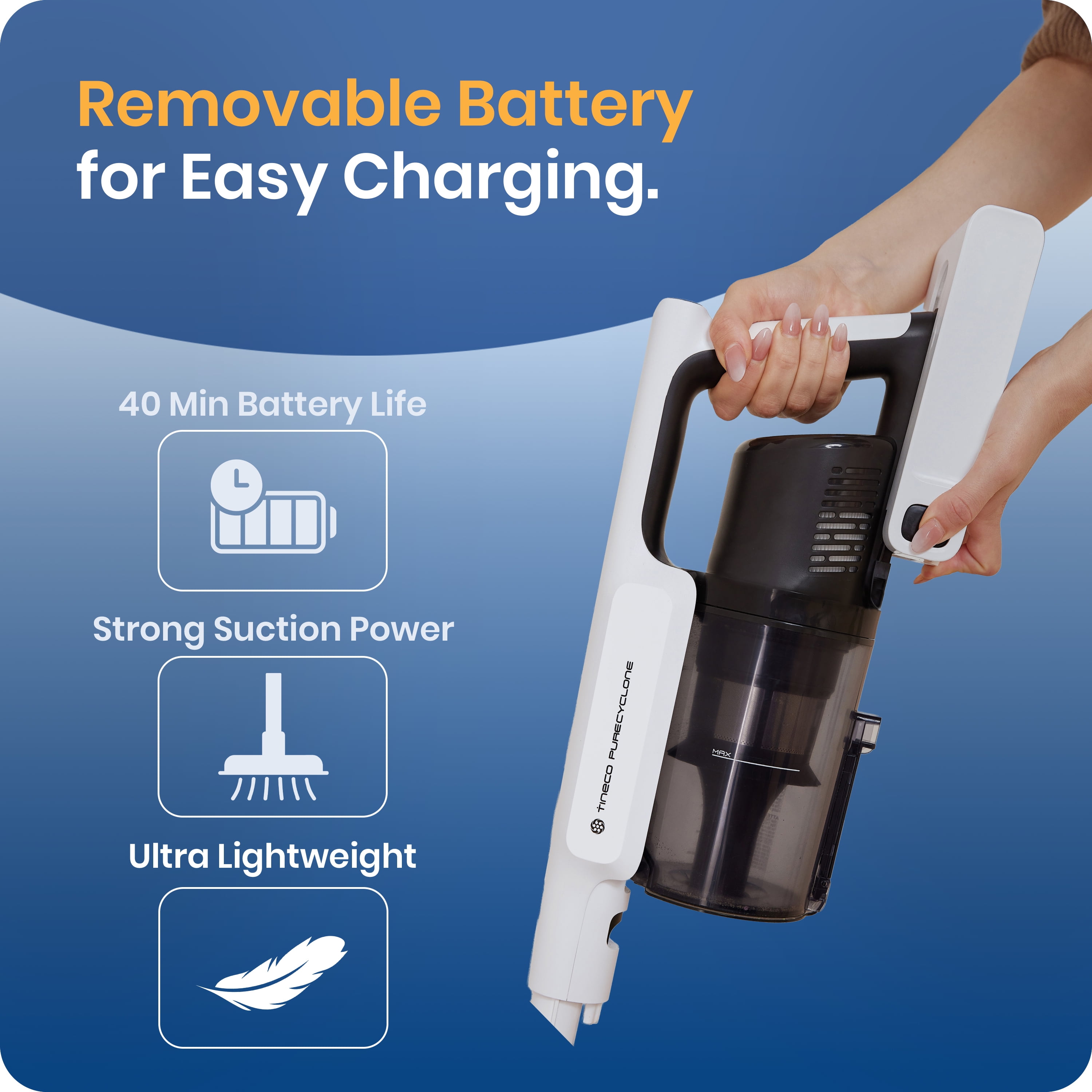 Tineco GO Slim 300W Cordless Stick Vacuum, Lightweight, Carpet, Area Rugs, Hard Floor, Upholstery, Strong Suction, Removeable Battery, LED Headlights, 40 Min Runtime