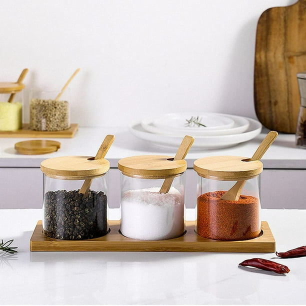 Glass Condiment Containers with Lids Seasoning Box Set with Spoon