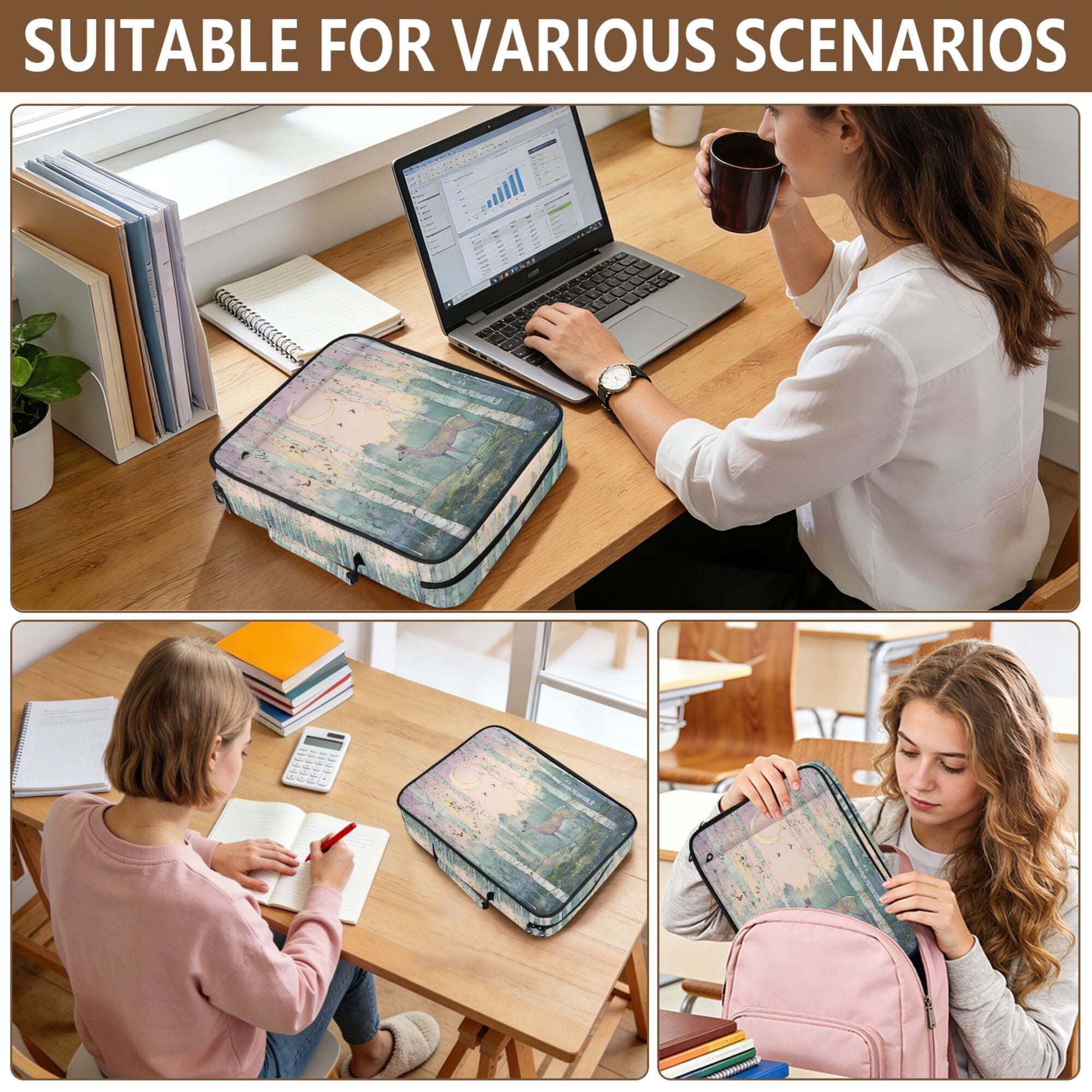FORMRS Accordion File Folder A4 Size 7-Pocket Expanding Document Organizer Bag with 3 Ring Binder, Night Deer