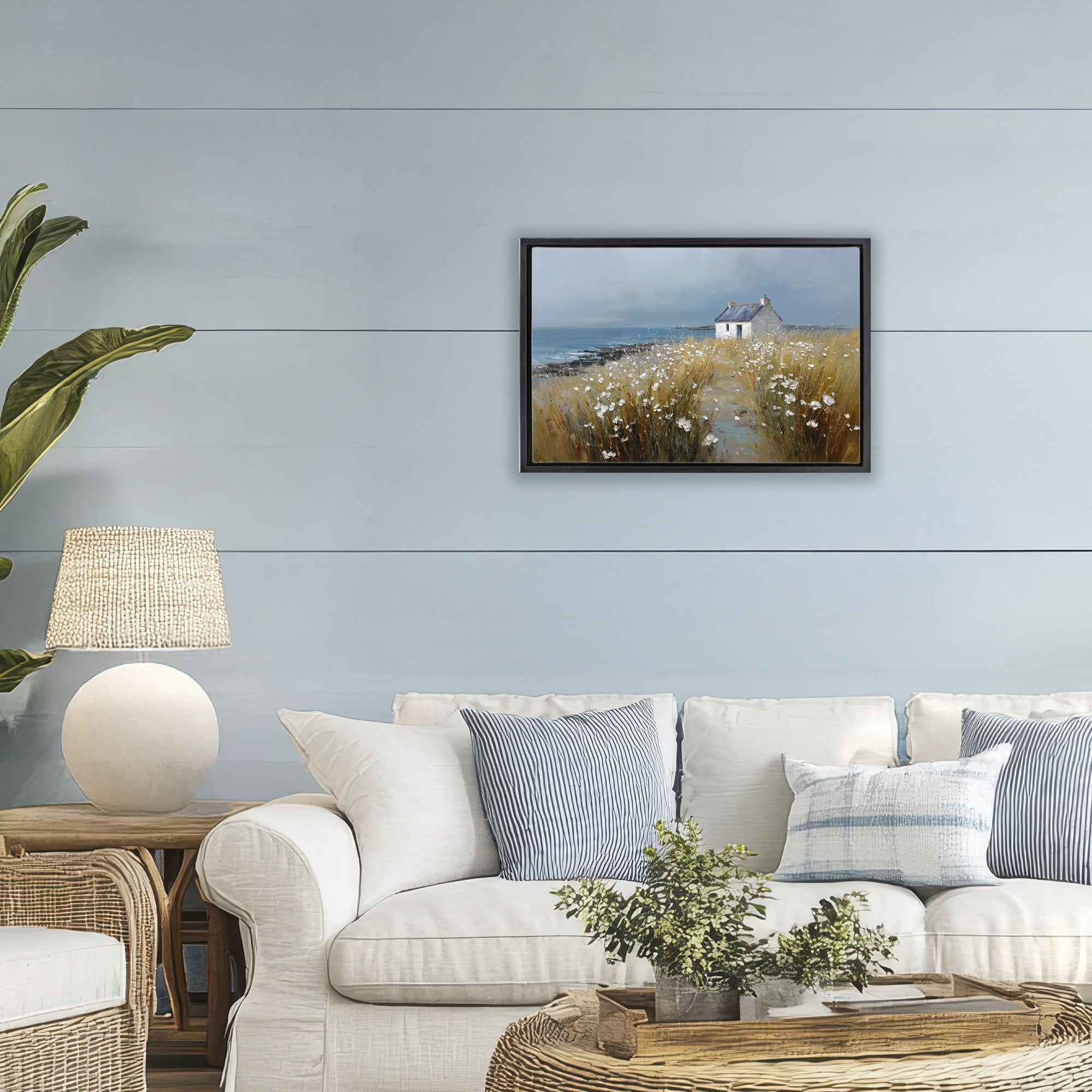 Stupell Industries Oceanfront Cottage Wildflowers Black Framed Floater Canvas Wall Art, design by Petal Prints Design