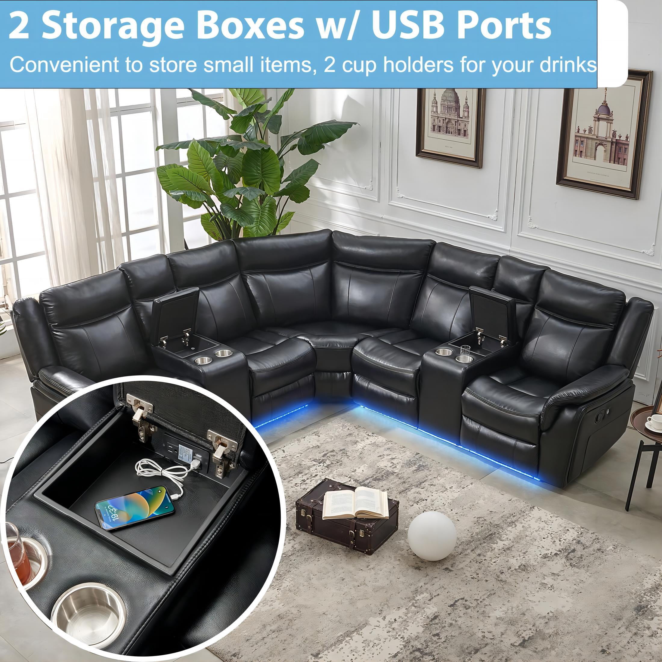 Comfort Stretch Manual Recliner Sofa Sets with LED Lights,Faux Leather Reclining Sectional Couch for Living Room Furniture Sets with USB Port,Storage Console Cup Holders Black
