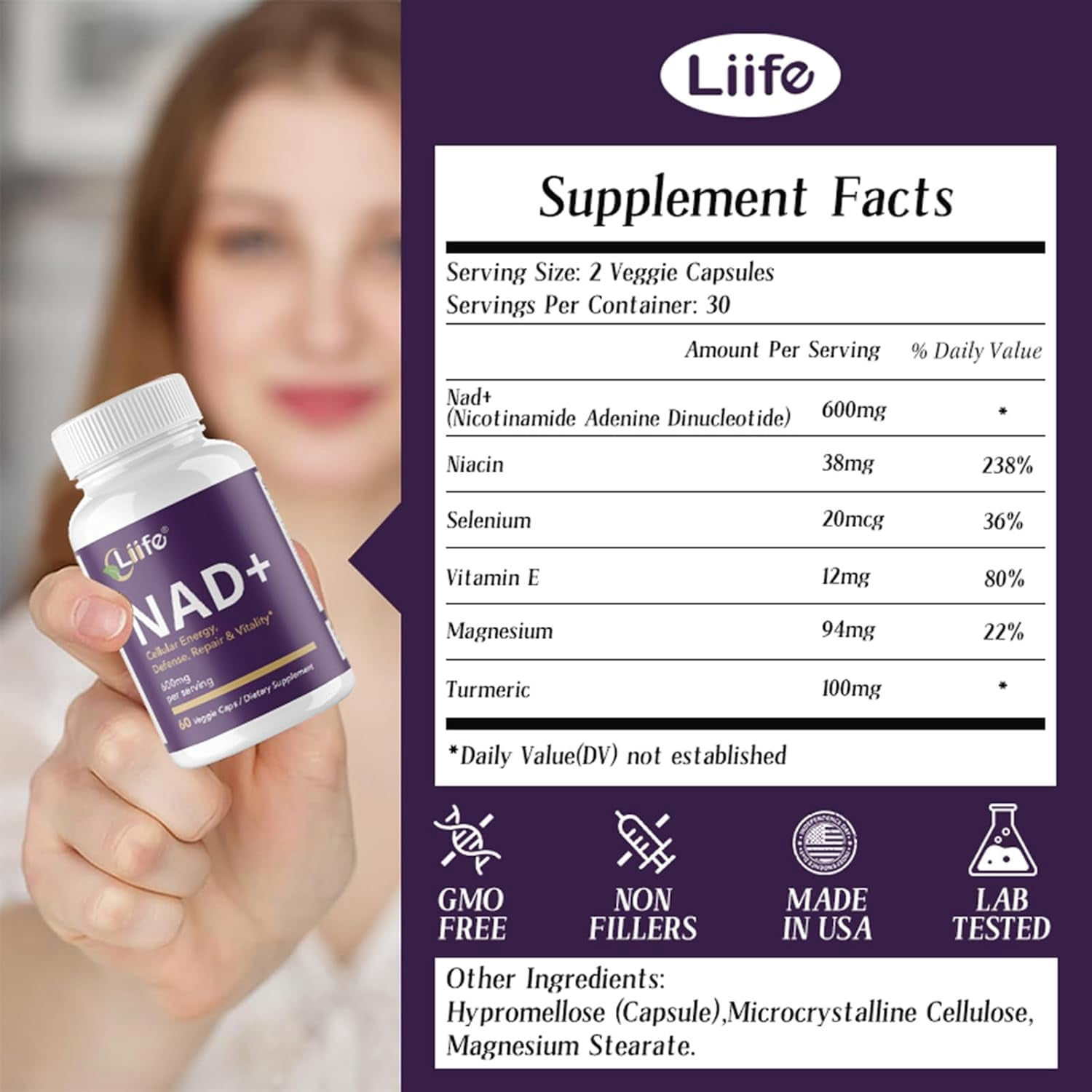 Liife Nicotinamide Adenine Dinucleotide 600mg, with Nicotinamide, Curcumin, Supports Anti-Aging, Cellular Renewal & Immune Defense, 60 Veggie Capsules
