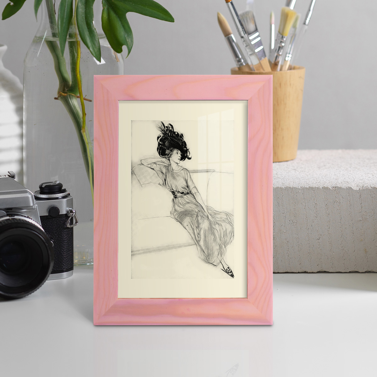 Feather Hat I -Framed Print w/glass-Sunset Pink