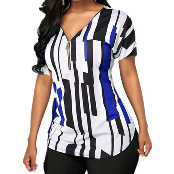 Qarigey Camiseta de mujer con cuello en V y rayas en la parte de manga corta con cremallera blusa delgada Prendas para la parte del cuerpo Azul 3XL