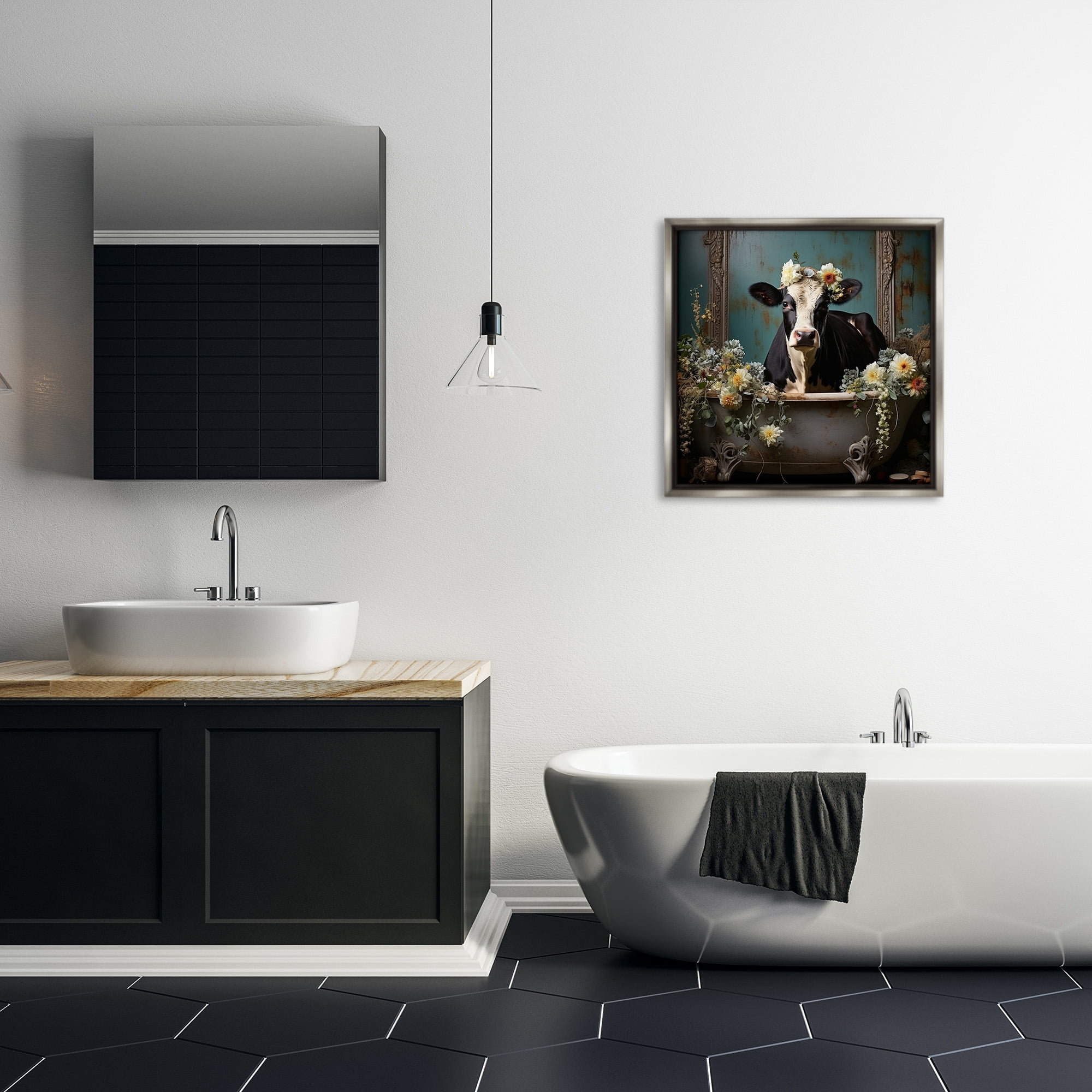 Stupell Industries Vintage Cow in Bathtub Animals & Insects Painting Gray Floater Framed Canvas Art Print Wall Art, 25 x 25