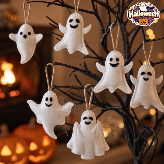 24 Pack Knitted Ghost Hanging Ornaments,Assorted Cute White Ghost Tree Decor, Indoor Outdoor Halloween Decorations, Mini Ghost Pendant for Halloween Tree Mantel Haunted House Fall Party Home Decor