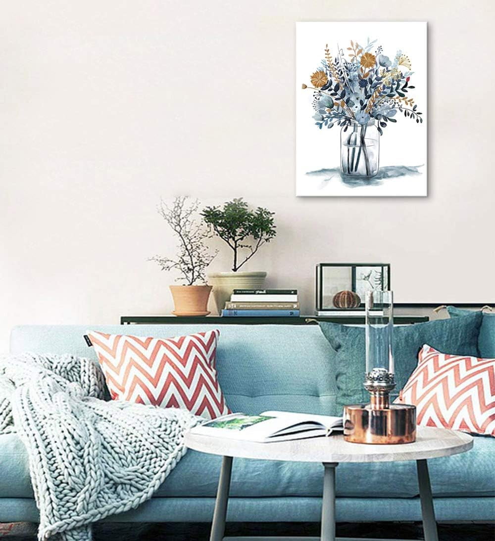 Navy Blue Flowers Canvas Wall Art Bedroom Wall Decor Minimalistic Bouquet Canvas Pictures Blossom Watercolor Artwork for Living Room Bathroom Home Office Decoration Indigo Floral Canvas 12 x 16