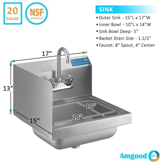 17" x 15" x 5" Commercial Kitchen Stainless Steel Wall-Mount Hand Sink with Left Side Splash and Faucet