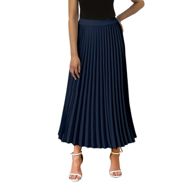 Spring Dresses for Women 2025 High Waist Ruffled Chiffon A Line Midi Skirt Solid Long Lengths Plus Size Dress Navy S