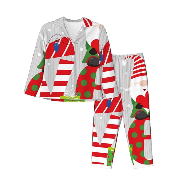 Balery Christmas Gnome With Love Conjunto de Pijama con Estampado para Mujer, Conjunto de Dos Piezas con Manga Larga, Ropa de Dormir Suave con Bolsillos, Pijamas Cómodos-Medium