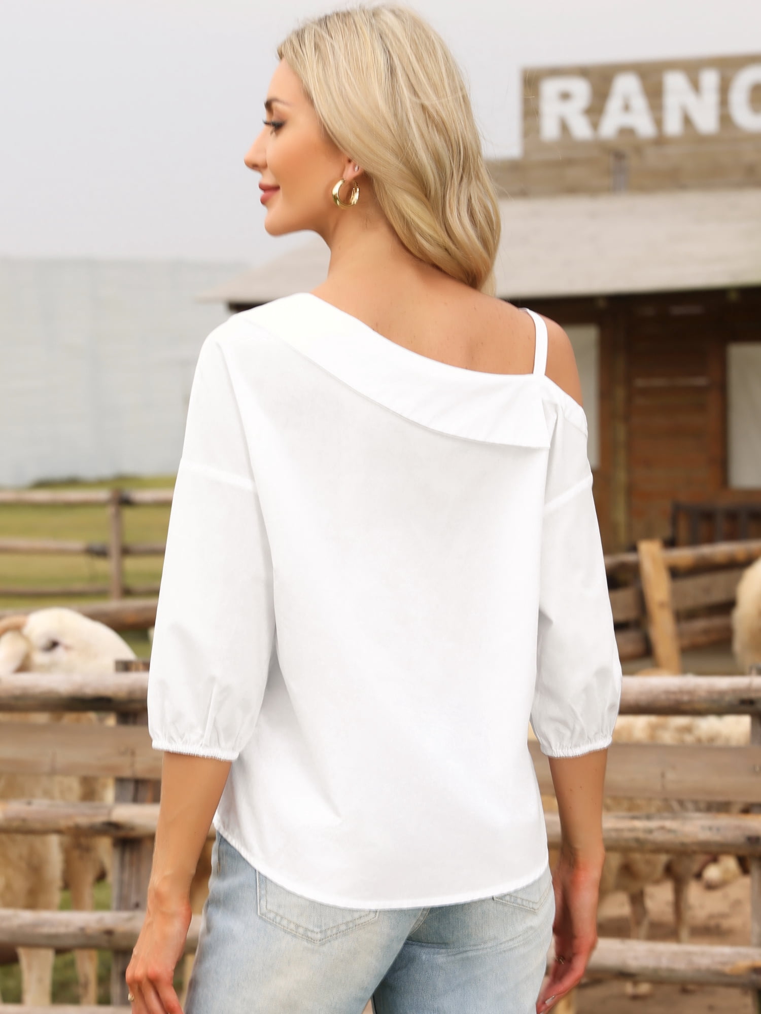 DARING DIVA Women's Asymmetrical 3/4 Sleeve Off Shoulder Front Button Up Shirt XL White