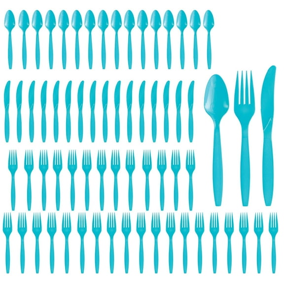 Party City Assorted Disposable Cutlery Set, 64-Piece Set (Caribbean Blue) - 32 Forks, 16 Knives & 16 Spoons - Go Brightly Heavy Duty Disposable Plastic Forks, Spoons & Knives - Party Supplies Cutlery