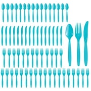 Party City Assorted Disposable Cutlery Set, 64-Piece Set (Caribbean Blue) - 32 Forks, 16 Knives & 16 Spoons - Go Brightly Heavy Duty Disposable Plastic Forks, Spoons & Knives - Party Supplies Cutlery