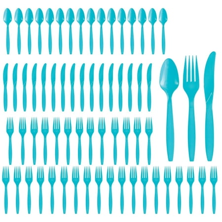 Party City Assorted Disposable Cutlery Set, 64-Piece Set (Caribbean Blue) - 32 Forks, 16 Knives & 16 Spoons - Go Brightly Heavy Duty Disposable Plastic Forks, Spoons & Knives - Party Supplies Cutlery