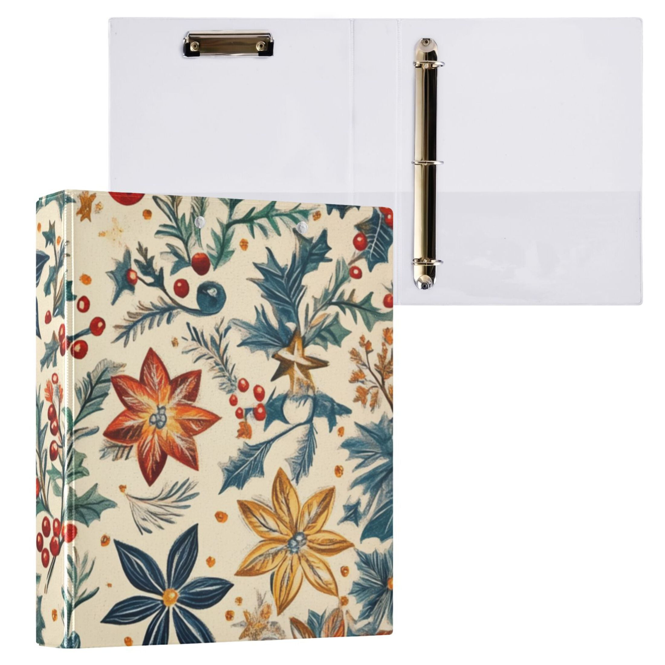 Christmas Flowers Leaves 3 Ring Binders 1.5 inch Hardcover File Folders with Interior Pockets A4 Size Organizer for School Office Hospital