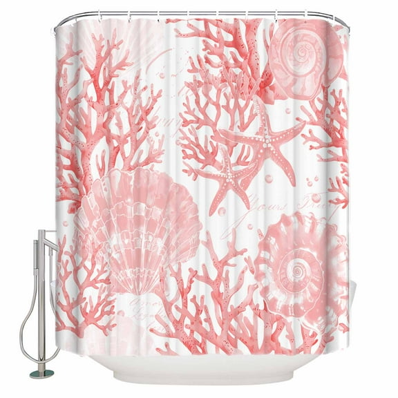 54x78 Inch Shower Curtain Decorative Pink Coral Bathtub Bath Curtains Fabric Waterproof Bathroom Decor Coastal Nautical Ocean Starfish Conch Small Stall Shower Curtain Set with 12 Hooks