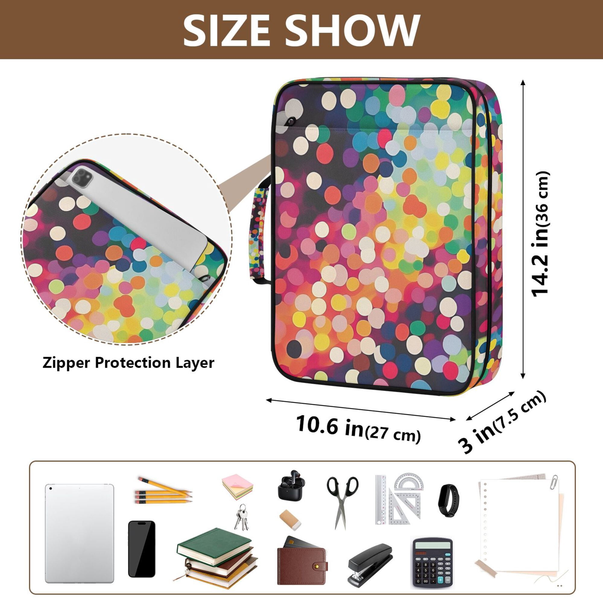 FORMRS Accordion File Folder A4 Size 7-Pocket Expanding Document Organizer Bag with 3 Ring Binder, Green Colorful Circles