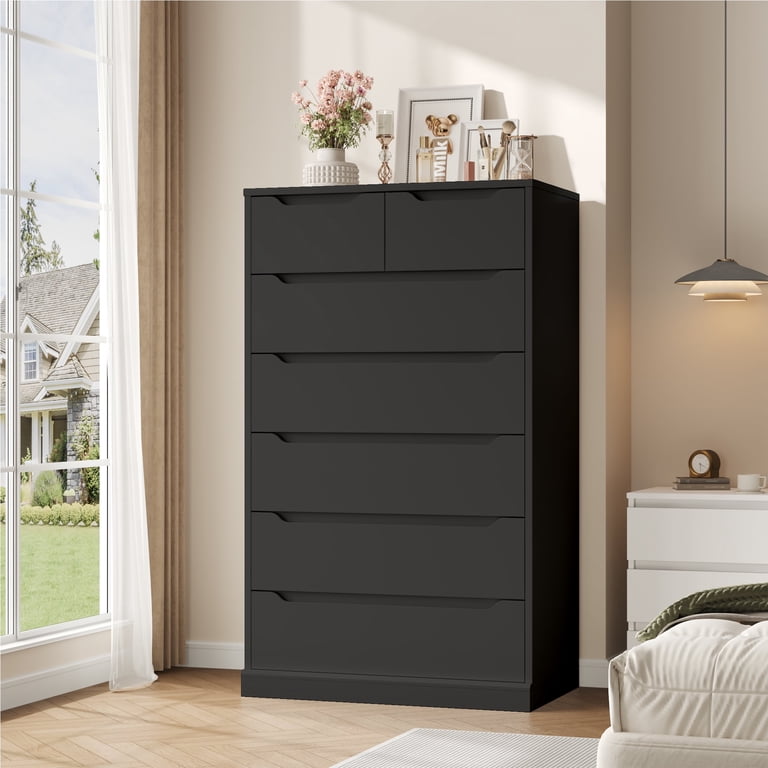 Homfa 7 Drawer Black Dresser, 51.3"h Wood Storage Cabinet with Upgraded Stable Base, Vertical Chest for Bedroom Living Room