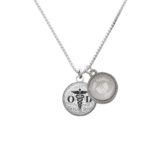 Silvertone Domed Black OD - Happy Hanukkah Menorah Necklace