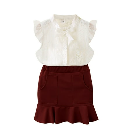 

Cute Baby Girls Outfits Kids Baby Summer Set Ruffled Sleeve Lace Tops Solid Skirt Outfits Set For 4-5 Years
