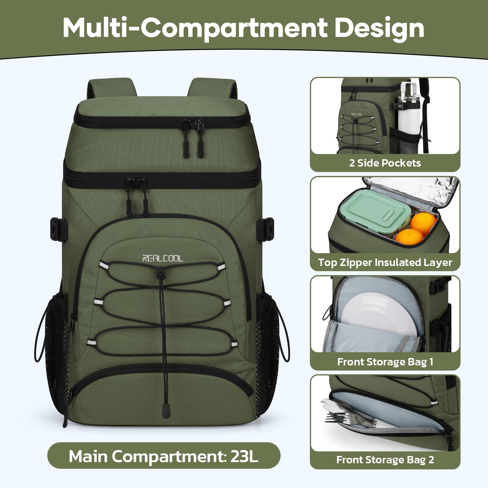 Realcool Backpack Cooler，33 Cans Insulated Leakproof Soft Cooler Bag Lightweight Camping Beach Lunch Backpack for Men Women