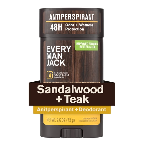 Every Man Jack Men’s Sandalwood Teak Antiperspirant Deodorant - Stay Fresh with Antiperspirant Men’s Deodorant - Odor Crushing, Long Lasting, Plant-Based, and No Harsh Chemicals - 2.6 oz