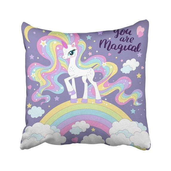 WOPOP Colorful Pony You Are Magical Lovely Cartoon Rainbow Unicorn With Long Mane Pink Cute Baby Pillowcase Throw Pillow Cover 18x18 inches