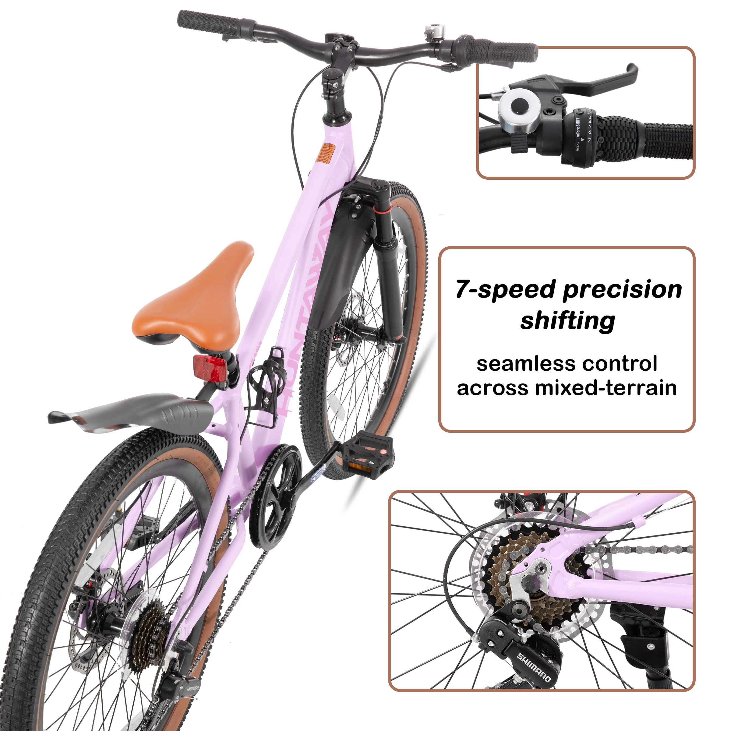 KEANO Huntaway 24 Inch Kids Mountain Bike for Boys Girls Ages 8-12, 7-Speed Kid Bicycle with Lightweight Alloy Frame, Dual Disc Brakes, Pink