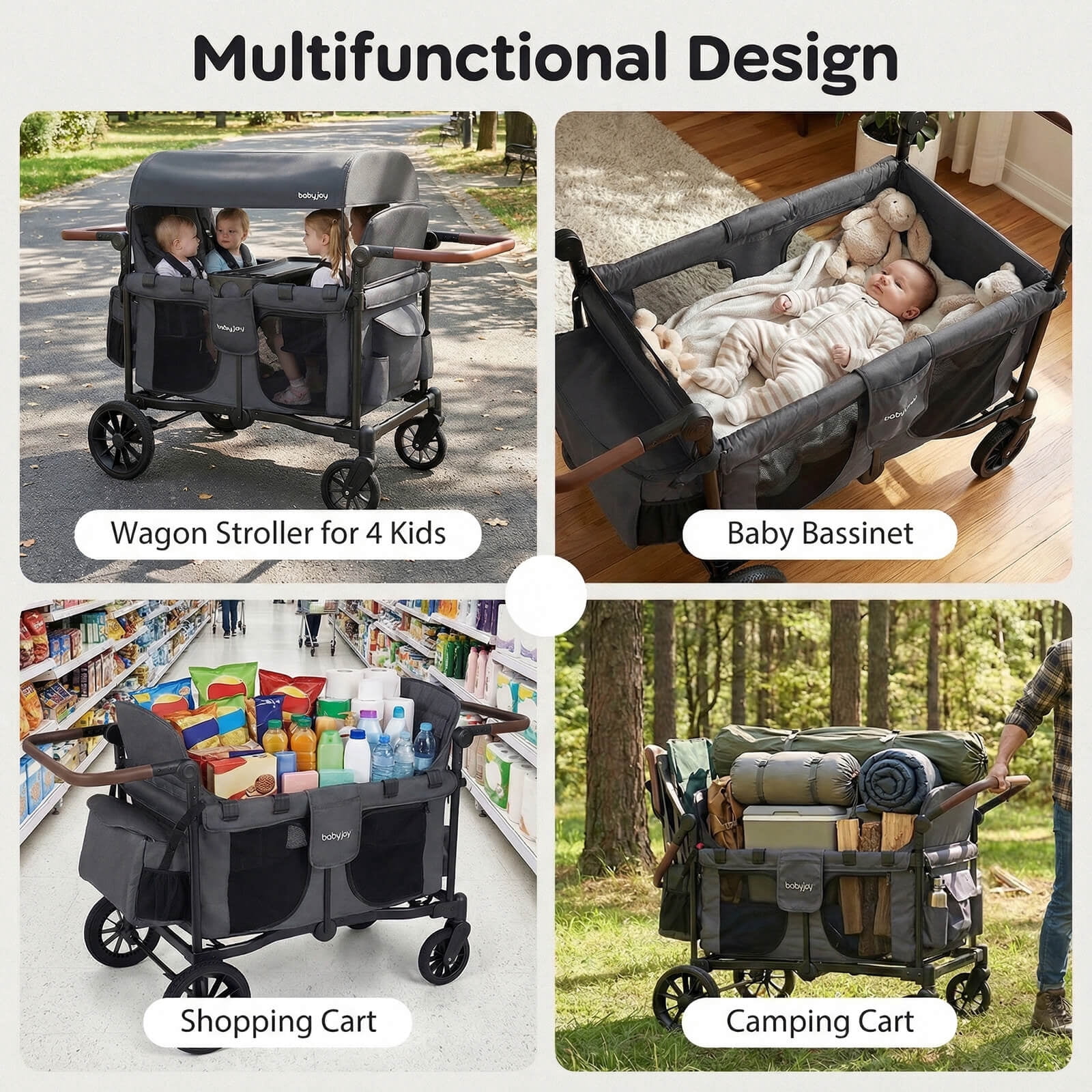 Costway Wagon Stroller, Foldable 4-Seater Push-Pull Toddler Stroller with Removable Canopy Gray