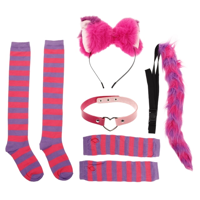 ColoMX 1 Juego de accesorios para disfraz de gato, diadema con orejas de gato, guantes con cola, calcetines con cuello, disfraz de Halloween