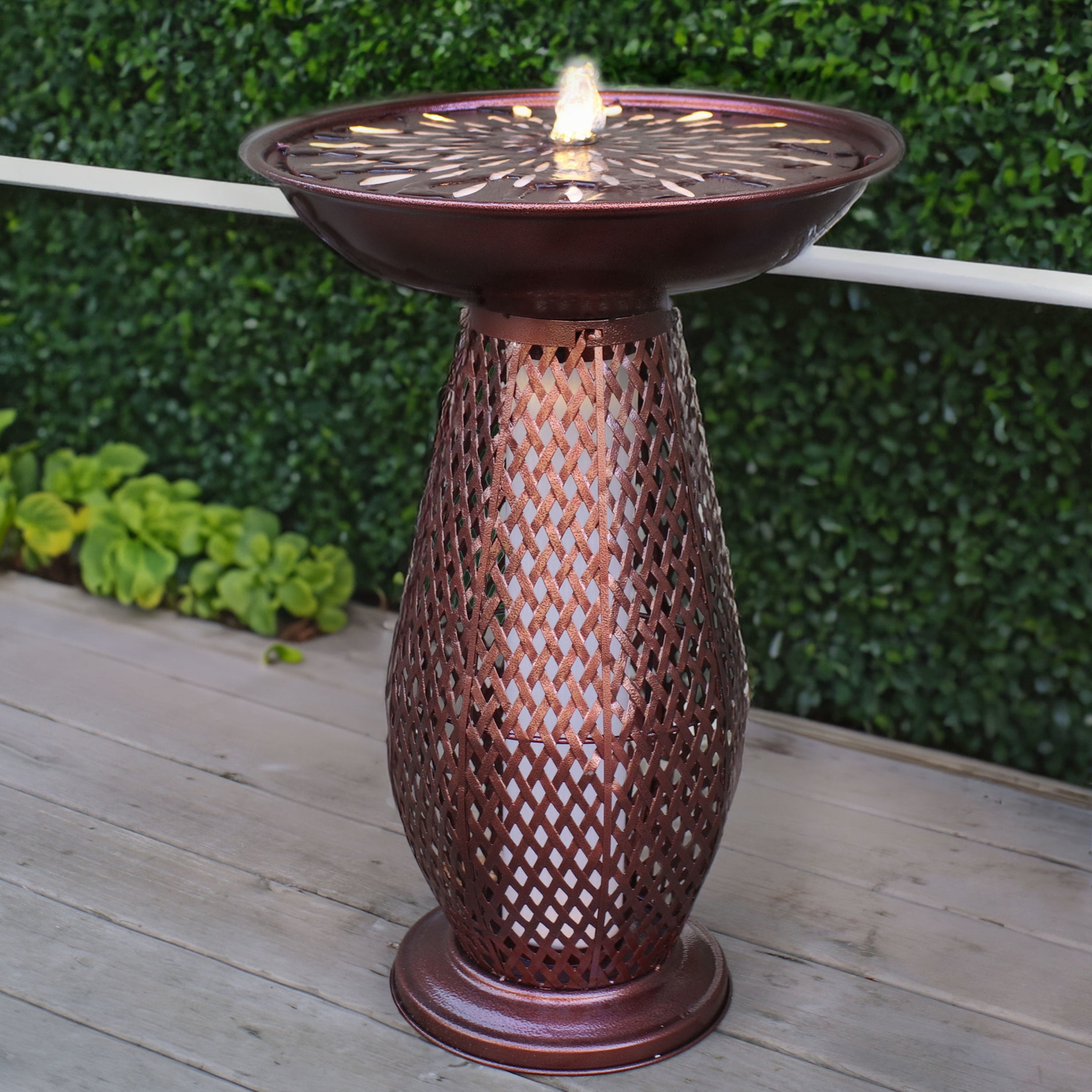 Sunnydaze Metal Crosshatch Outdoor Bird Bath Fountain with Lights