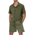 thumbnail image 1 of Mens Botón Abajo Camisa de Manga Corta Arrugas Libres Casual Deportes Cardigan Set, Color Sólido Cuello de Verano Camisa Y Pantalones Cortos, 1 of 7