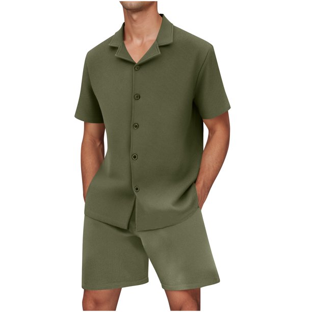 Mens Botón Abajo Camisa de Manga Corta Arrugas Libres Casual Deportes Cardigan Set, Color Sólido Cuello de Verano Camisa Y Pantalones Cortos