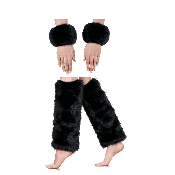 LSQii Wrist and Leg Warmers Set Fluffy Faux Fuzzy Boot Covers for Women Solid Color Long Plush Warms Socks for Stage Performances Winter Spring Black